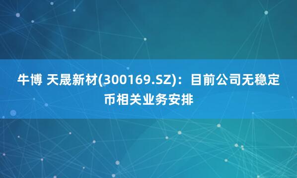 牛博 天晟新材(300169.SZ)：目前公司无稳定币相关业务安排